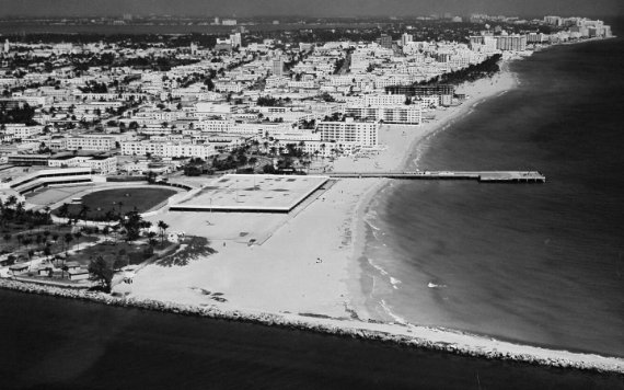 Historic aerial view of South Beach and the ocean